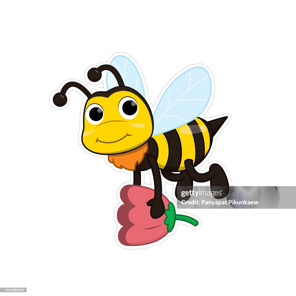 Vector illustration of honey bee holding flower pollen smiley face isolated on white background for children coloring book stock illustration high