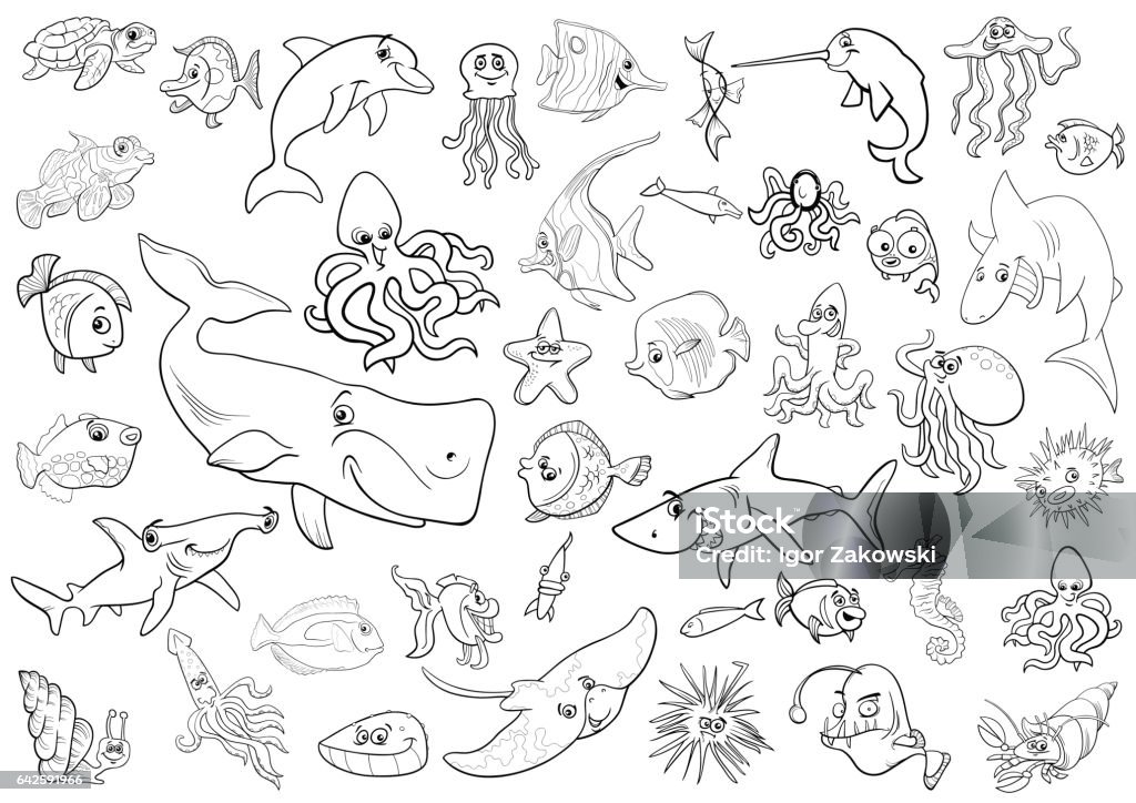Sea life animals coloring page stock illustration
