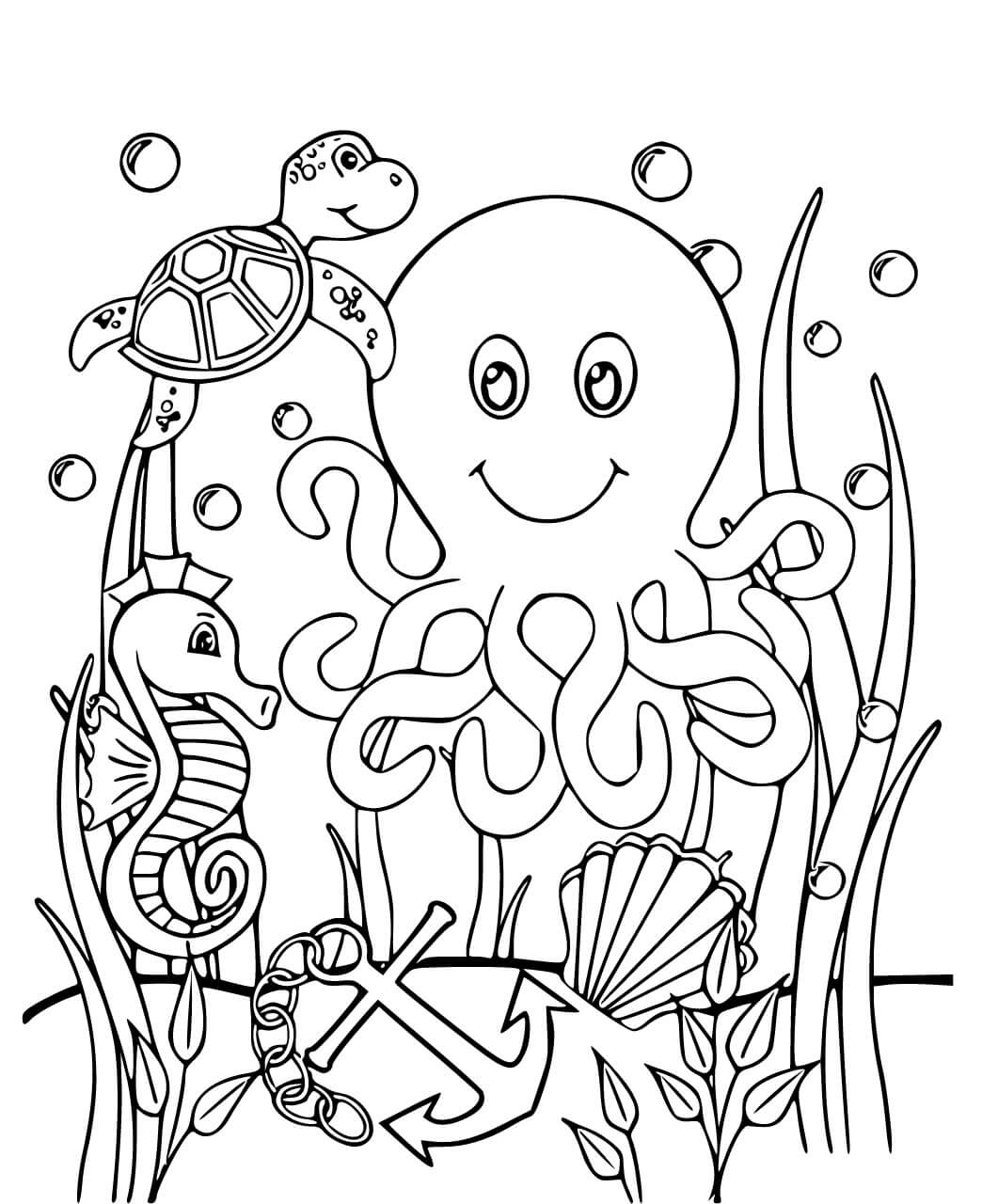 Smiling octopus with sea animals coloring page