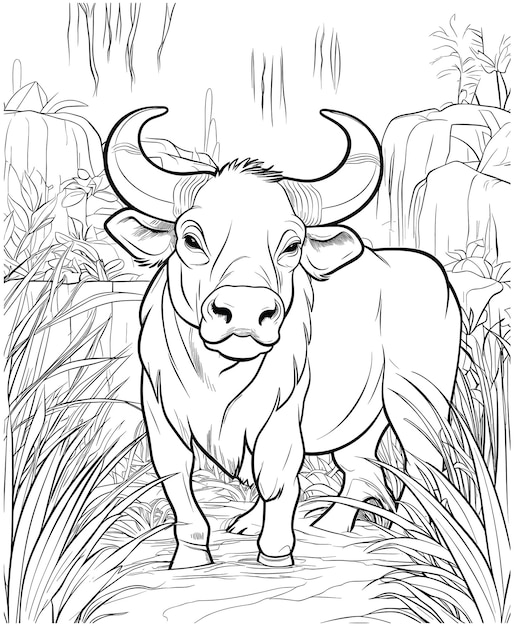 Premium vector wild water buffalo coloring page