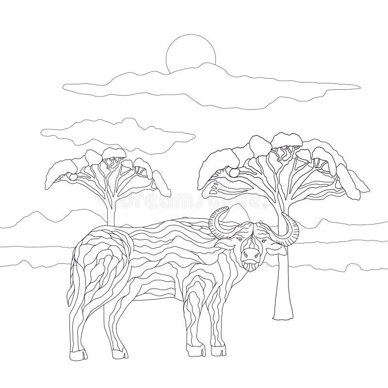Coloring book for adults and children with a buffalo on the background of a landscape of sky and savannah trees cute wild bull in stock illustration