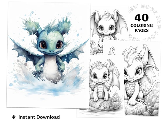 Baby water dragons coloring book printable coloring page for adult coloring book digital download grayscale coloring page instant download