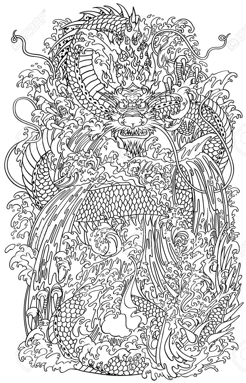Japanese water dragon a traditional mythological deity creature in the sea or river splashes outline vector illustration coloring page royalty free svg cliparts vectors and stock illustration image