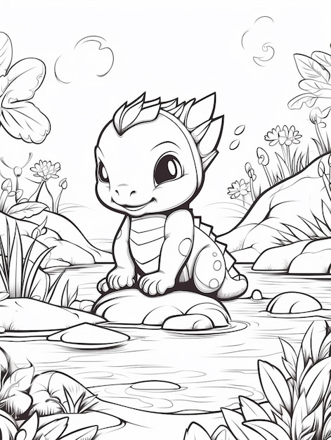 Premium photo coloring pages of a dragon sitting on a rock in the water generative ai