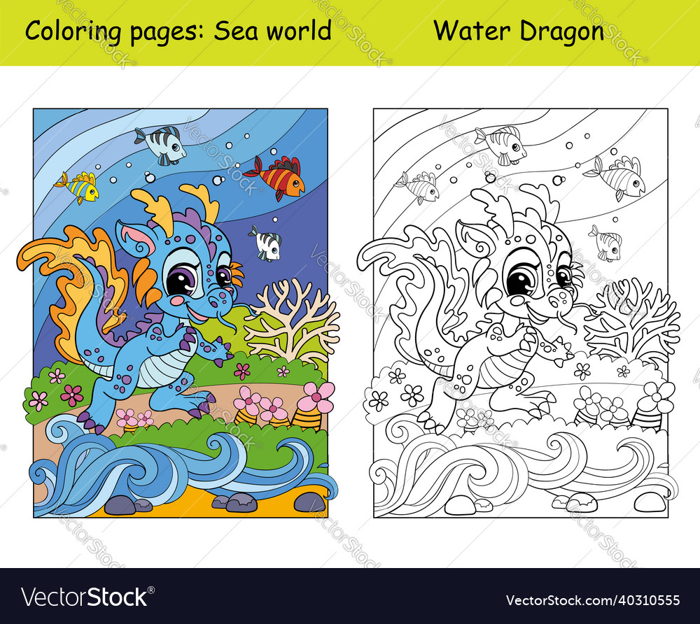 Coloring and color cute baby dragon swims vector image