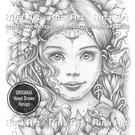 Water lilies coloring page printable adult colouring pages book download grayscale illustration jpg pdf