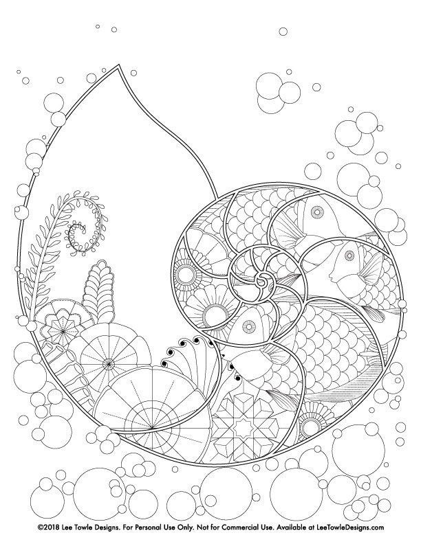 Fantasy nautilus underwater scene coloring page for adults