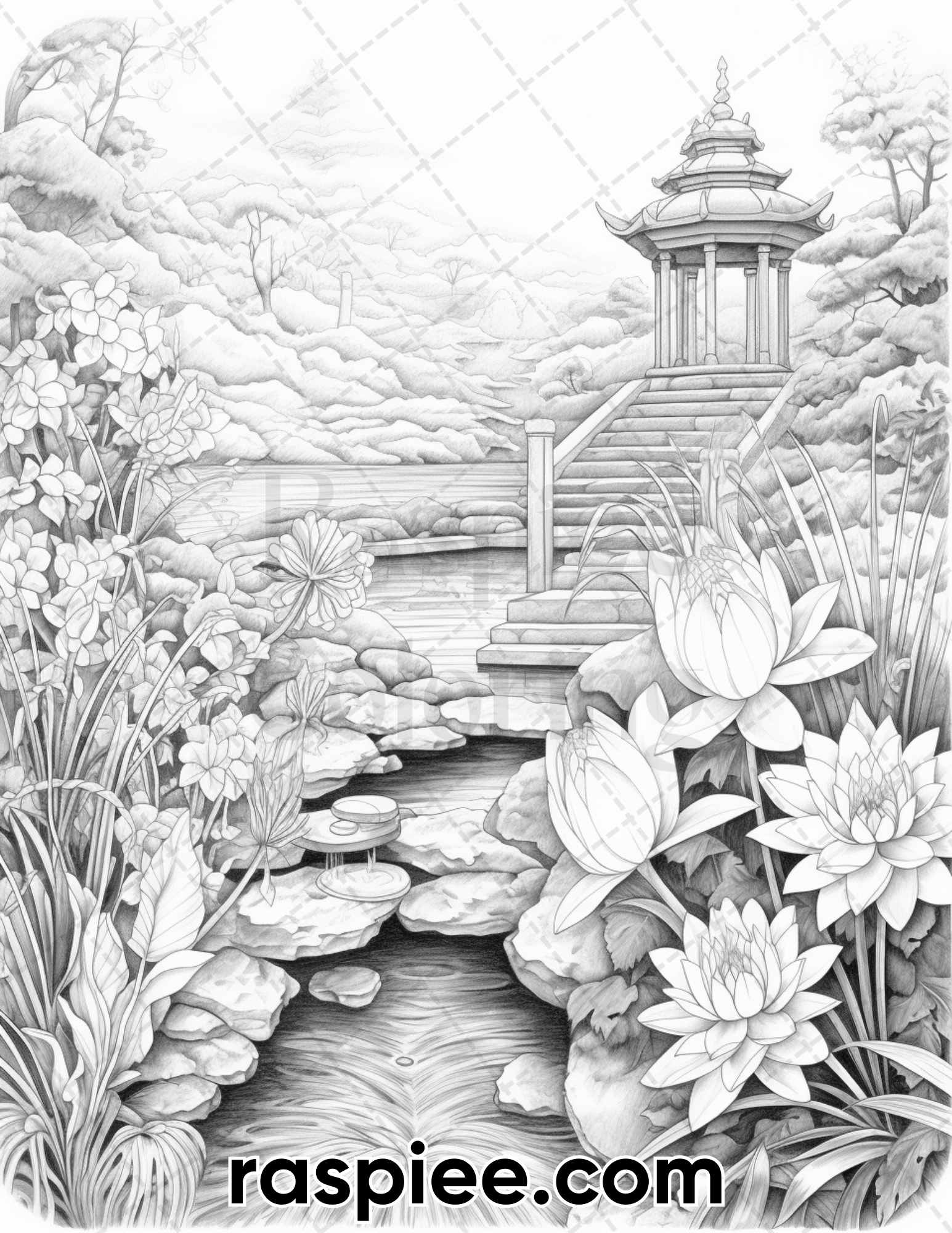 Zen garden flowers grayscale coloring pages for adults printable p â coloring