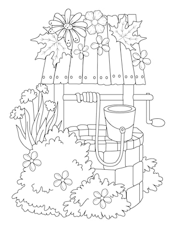 Premium vector water well coloring page water well vector water well black and white drawing