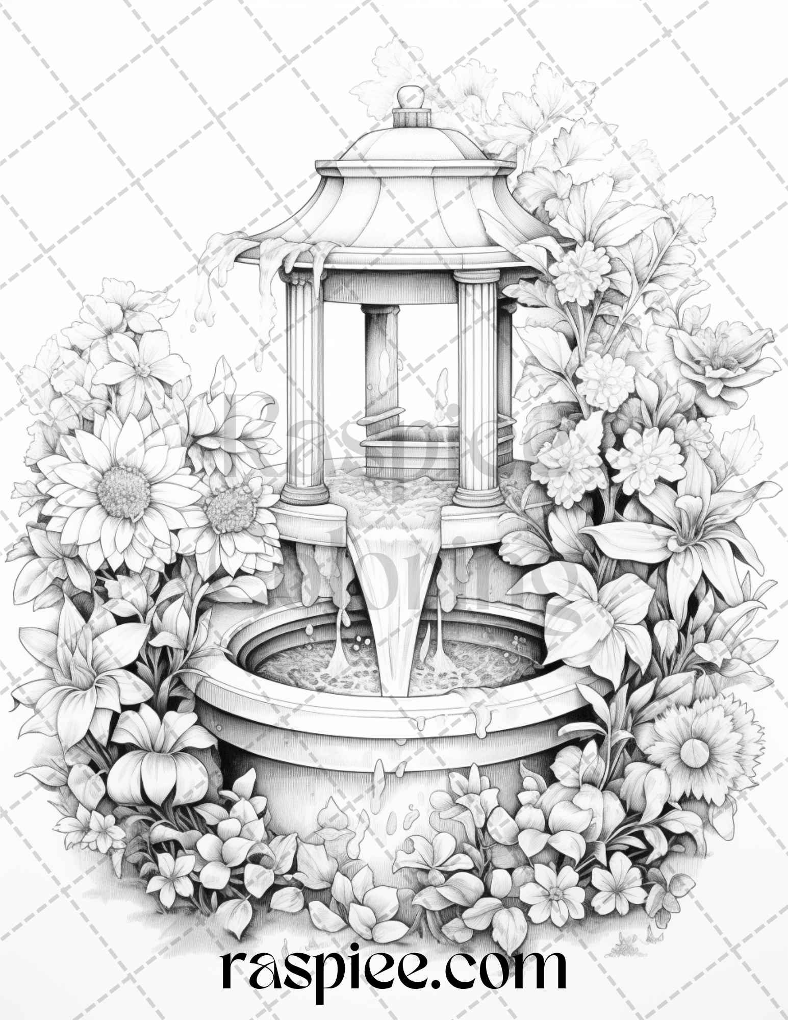 Whimsical wishing wells grayscale coloring pages printable for adul â coloring