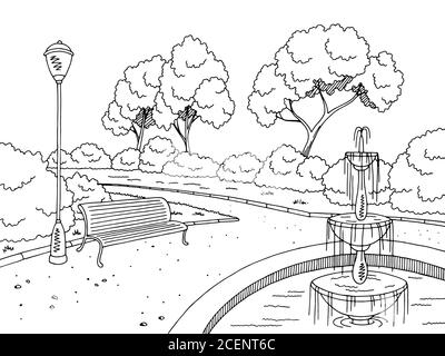 Park fountain graphic black white landscape sketch illustration vector stock vector image art