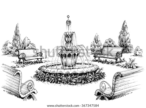 Garden fountain sketch stock photos and pictures