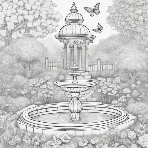A stunning white ink drawing coloring page of whimsical magnificent fantasy garden fairy