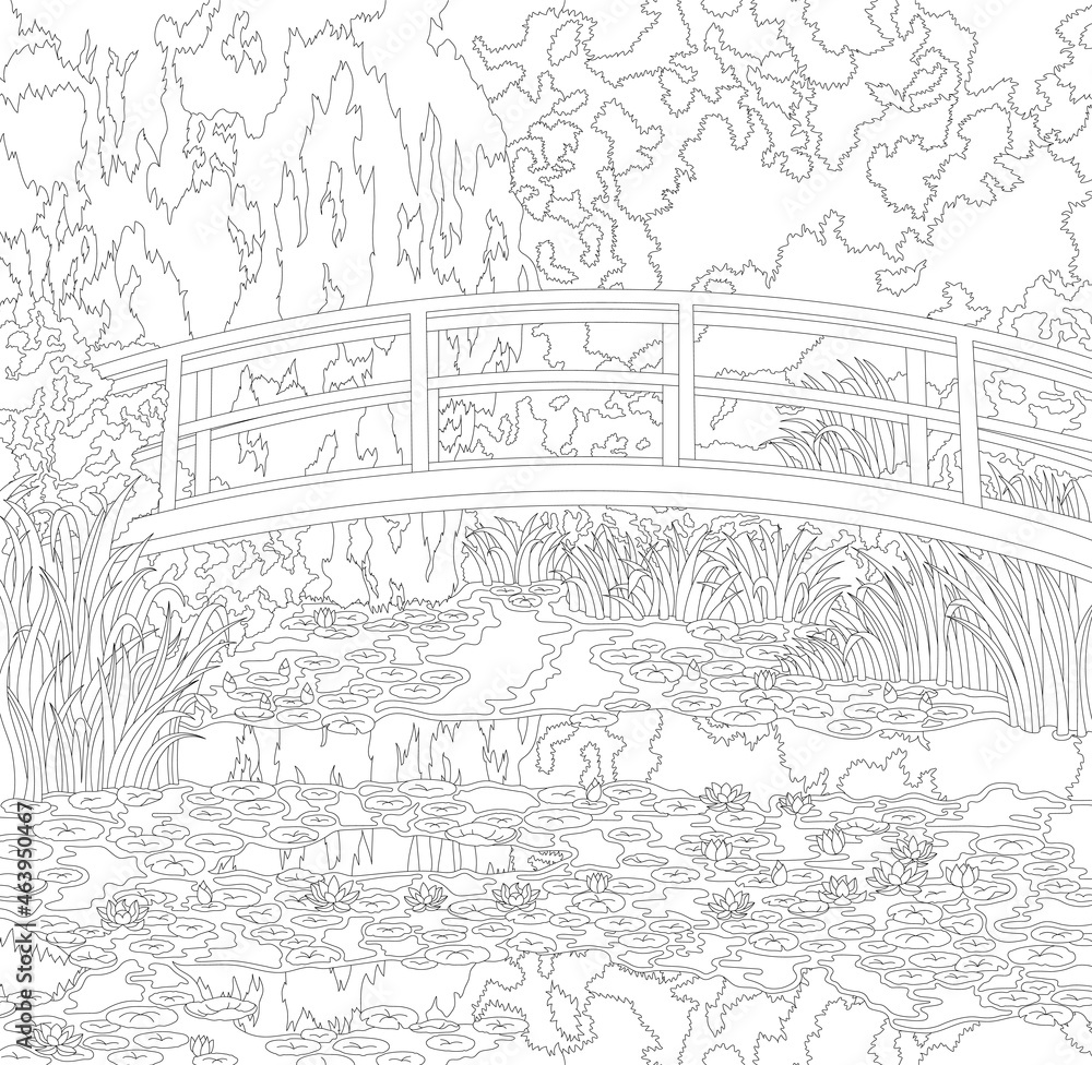 The water lily pond by claude monet adult coloring page illustration