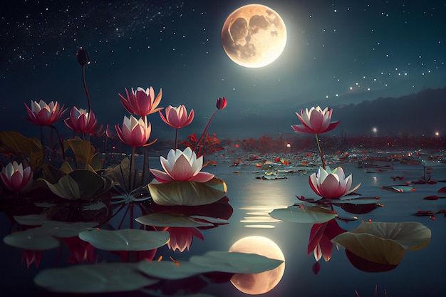 Premium photo night landscape with water lilies in a swamp against the background of the moon