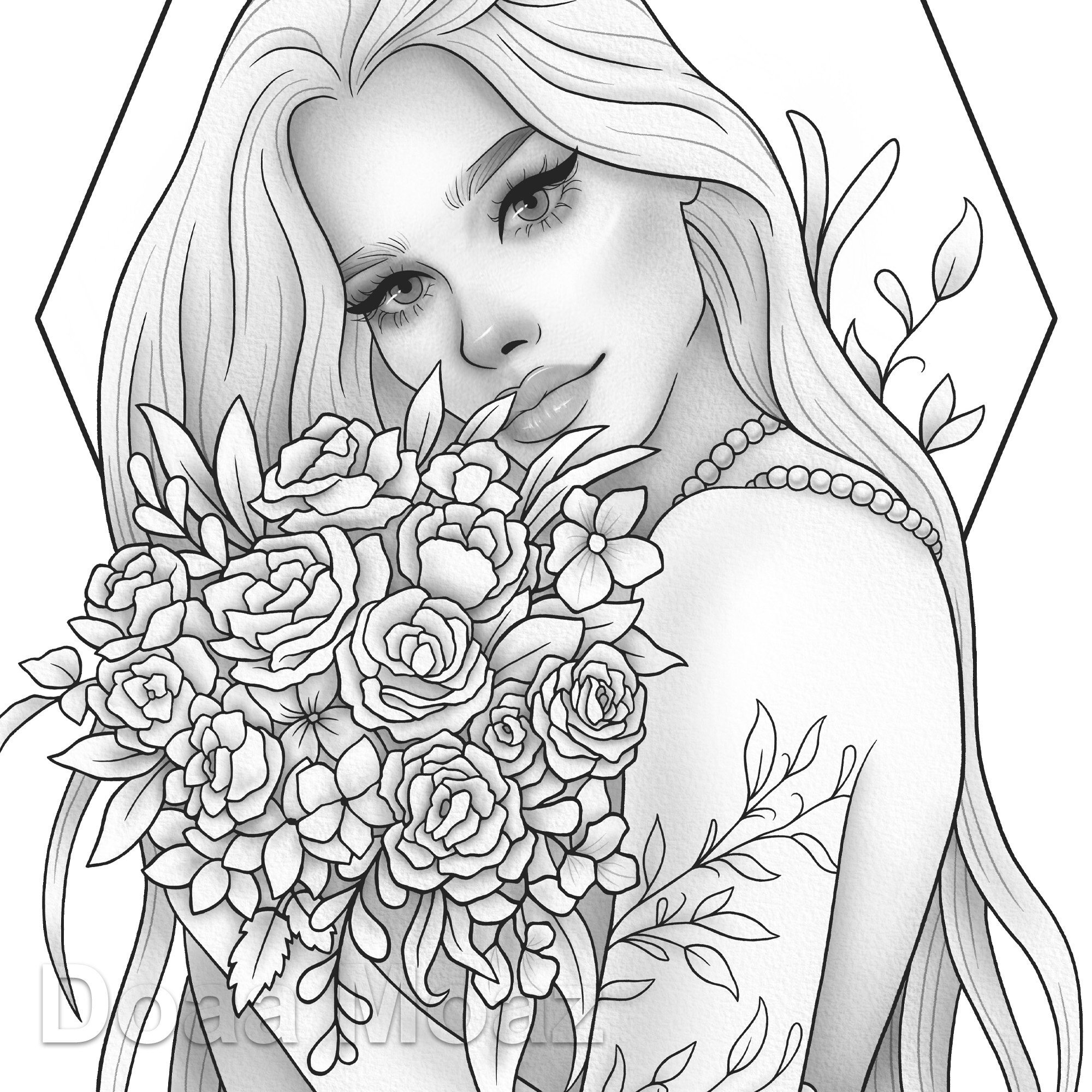 Printable coloring page fantasy character girl floral portrait download now