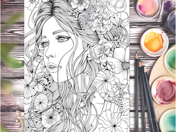 Coloring page floral girl printable coloring pages adult grayscale coloring page original line art illustrations gift for her pdf poster instant download