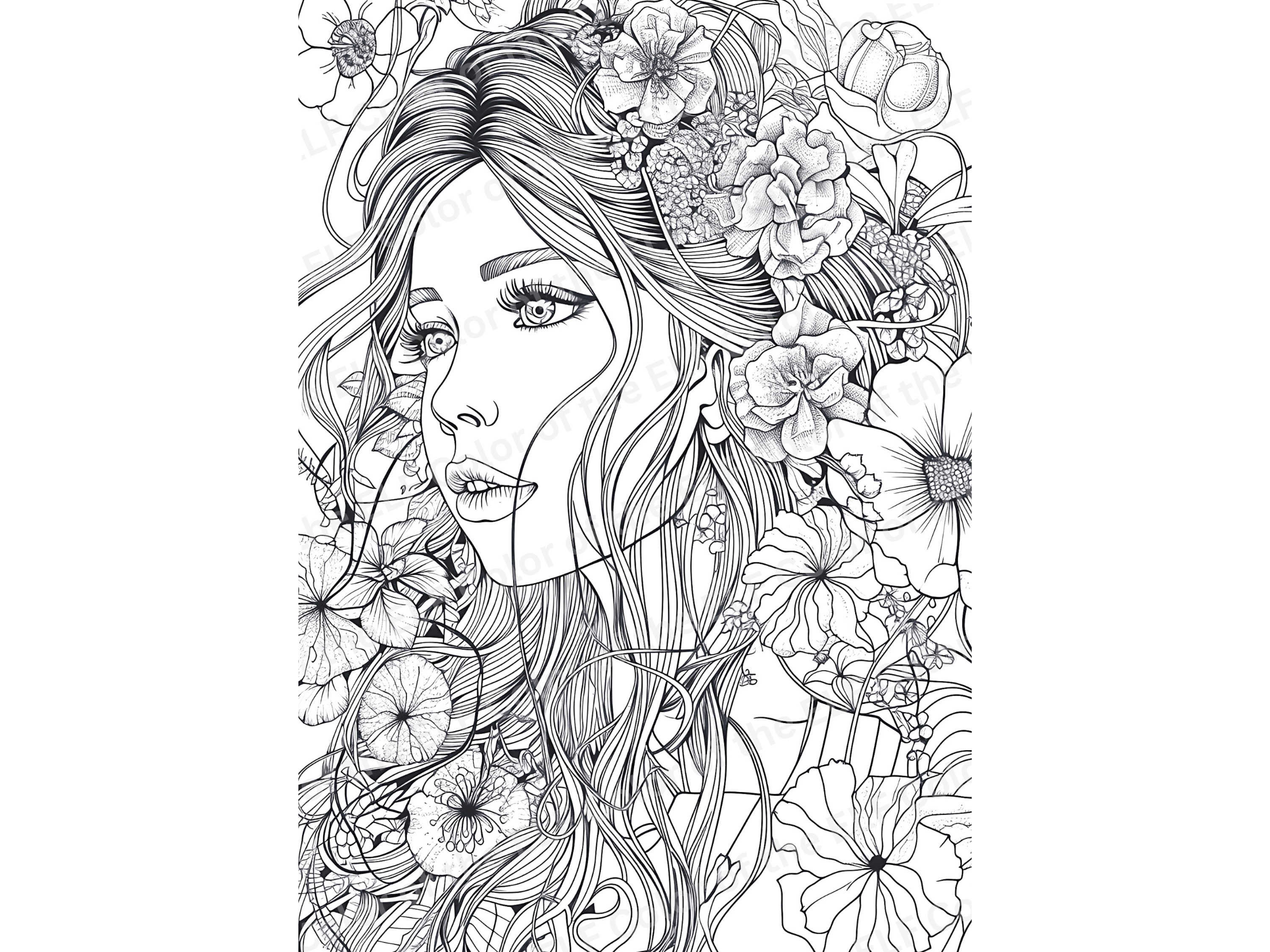 Coloring page floral girl printable coloring pages adult grayscale coloring page original line art illustrations gift for her pdf poster instant download