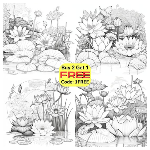 Water lily art coloring pages for adults instant download instant download