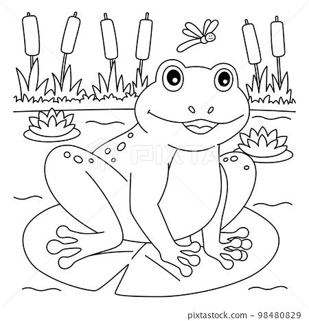 Spring frog on a water lily coloring page for kids