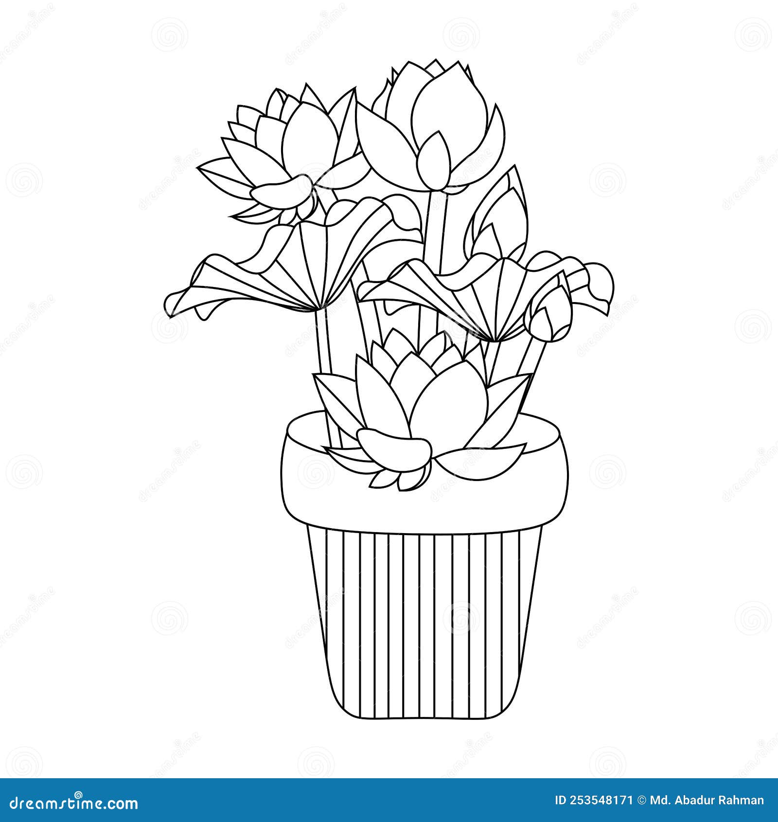 Water lily flower with vase and pot coloring page design line art with decorative outline stroke design stock vector