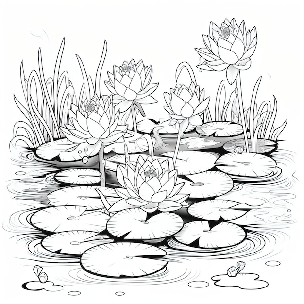 Premium vector pond with floating water lilies coloring book