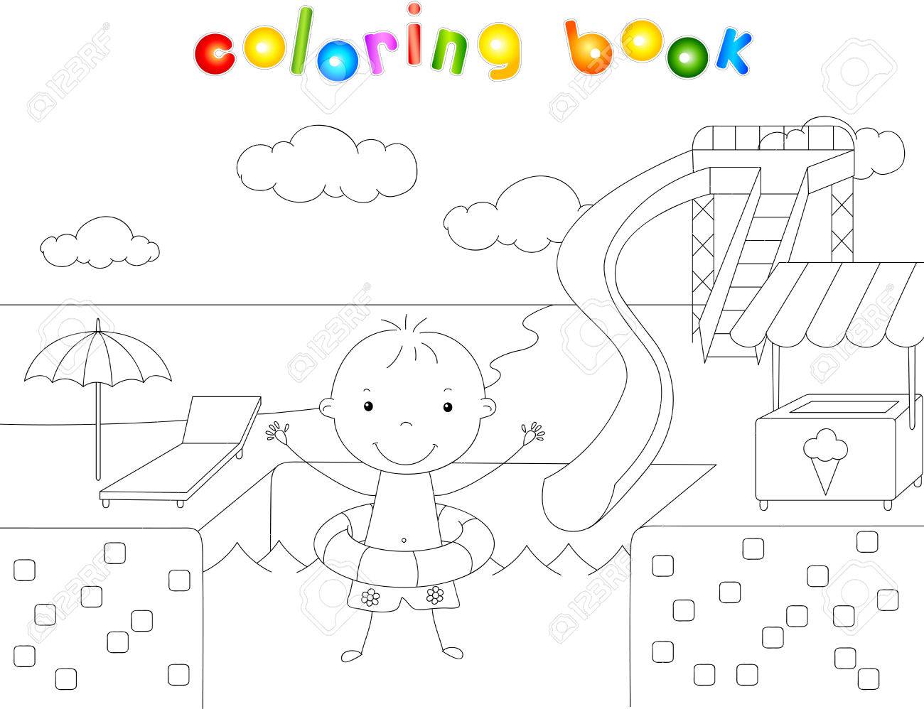 Boy with a rubber ring in the water park swimming pool coloring book vector illustration royalty free svg cliparts vectors and stock illustration image