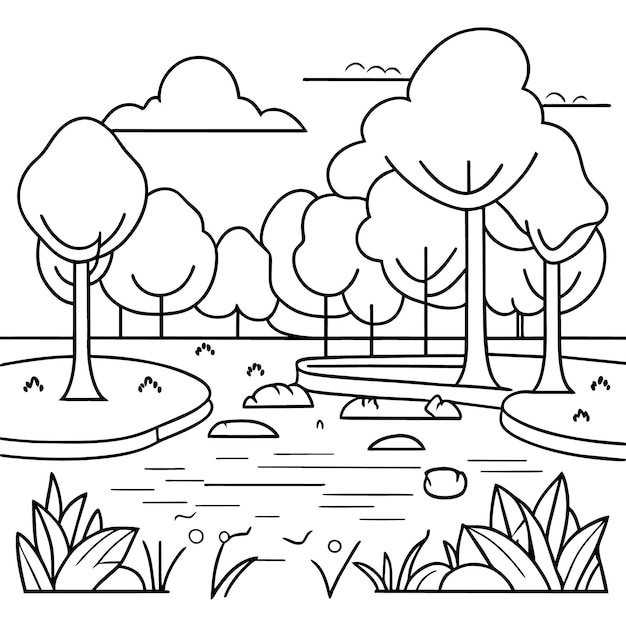 Premium vector kawaii and anime coloring pages design empty park landscape scene with river or nature and tree