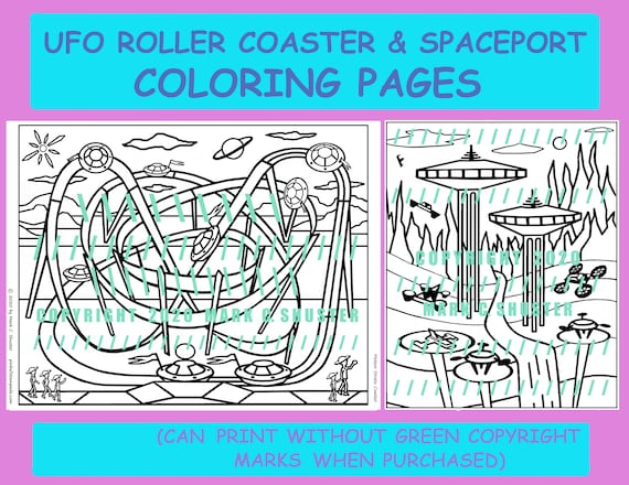 Ufo roller coaster and spaceport coloring pages jpeg pdf file theme park ride a