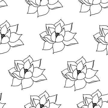 Premium vector vector seamless pattern with lotus flowers and buds illustrations of a water lily in black and white graphics silhouettes background for scrapbooking paper textiles packaging covers