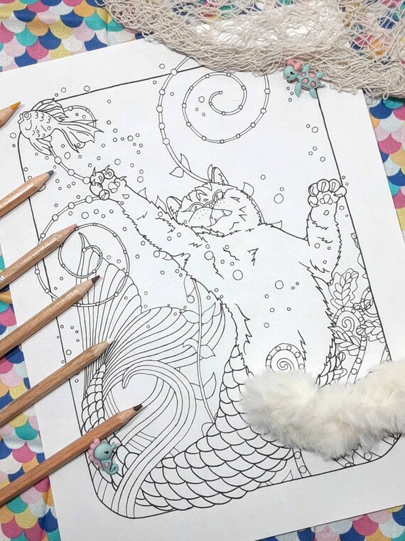 Under the sea printable purrmaid coloring page mermaid cat coloring download mercat color sheet under water kitty digital
