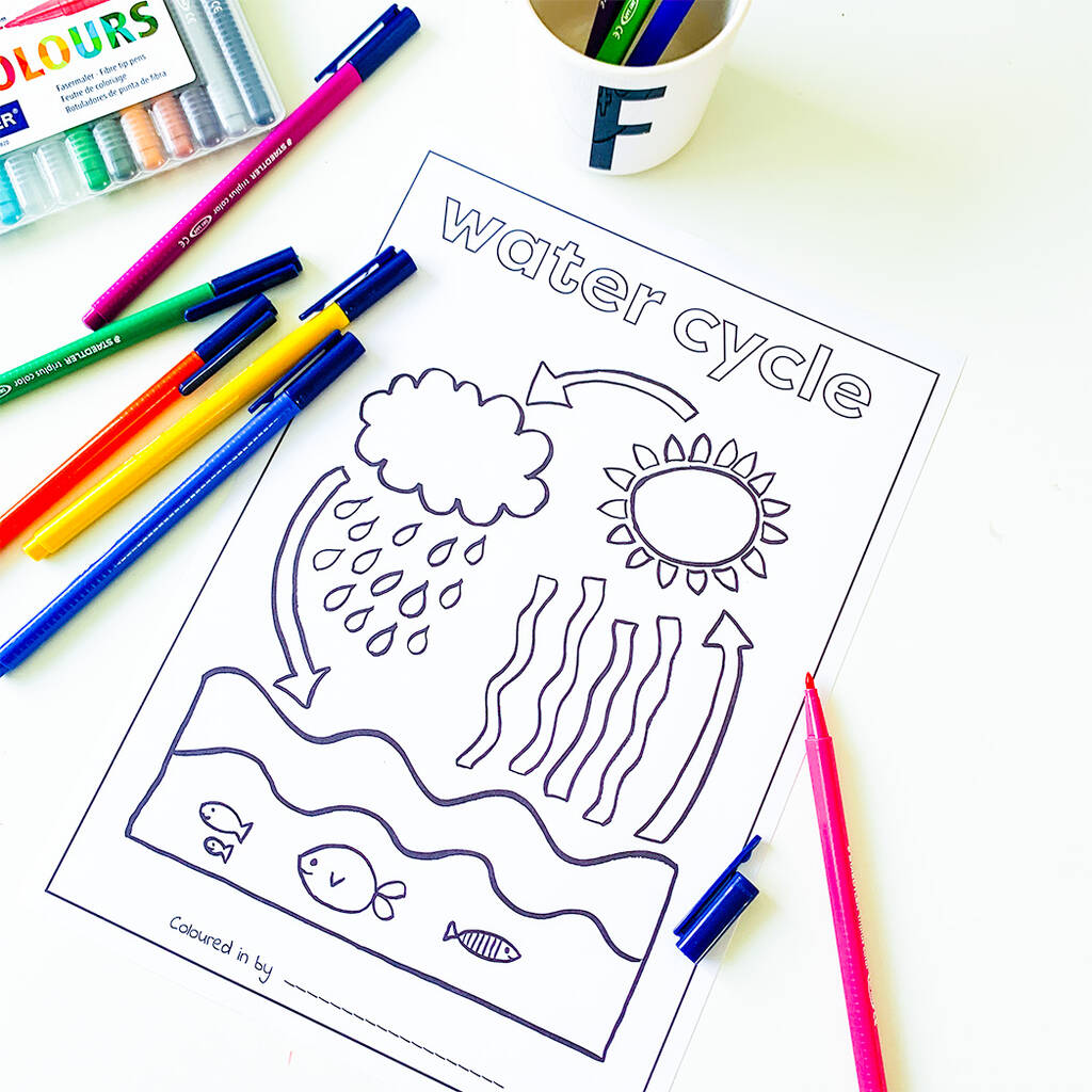 Water cycle educational colouring sheet digital pdf by squidgearoo