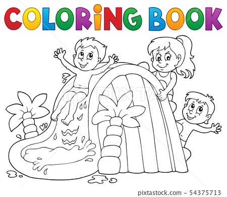 Coloring book kids on water slide