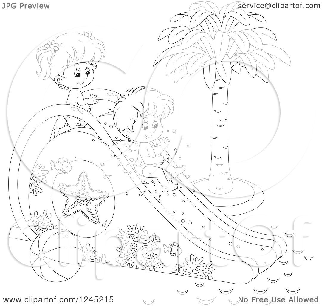 Clipart of black and white happy children playing on a water slide