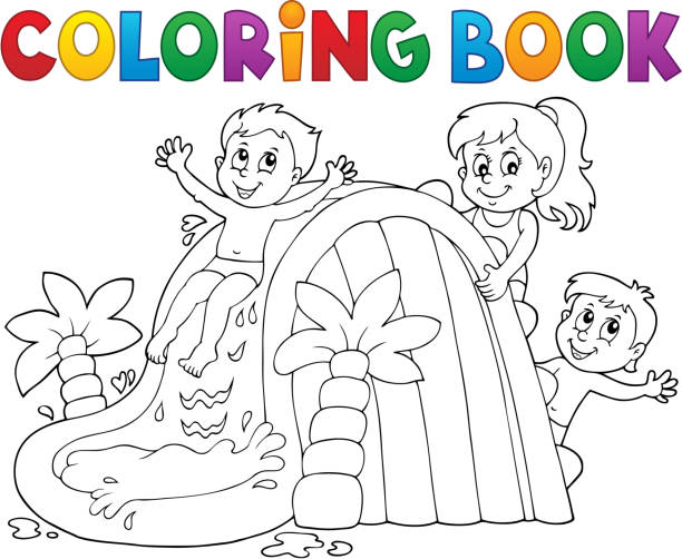 Coloring book kids on water slide stock illustration