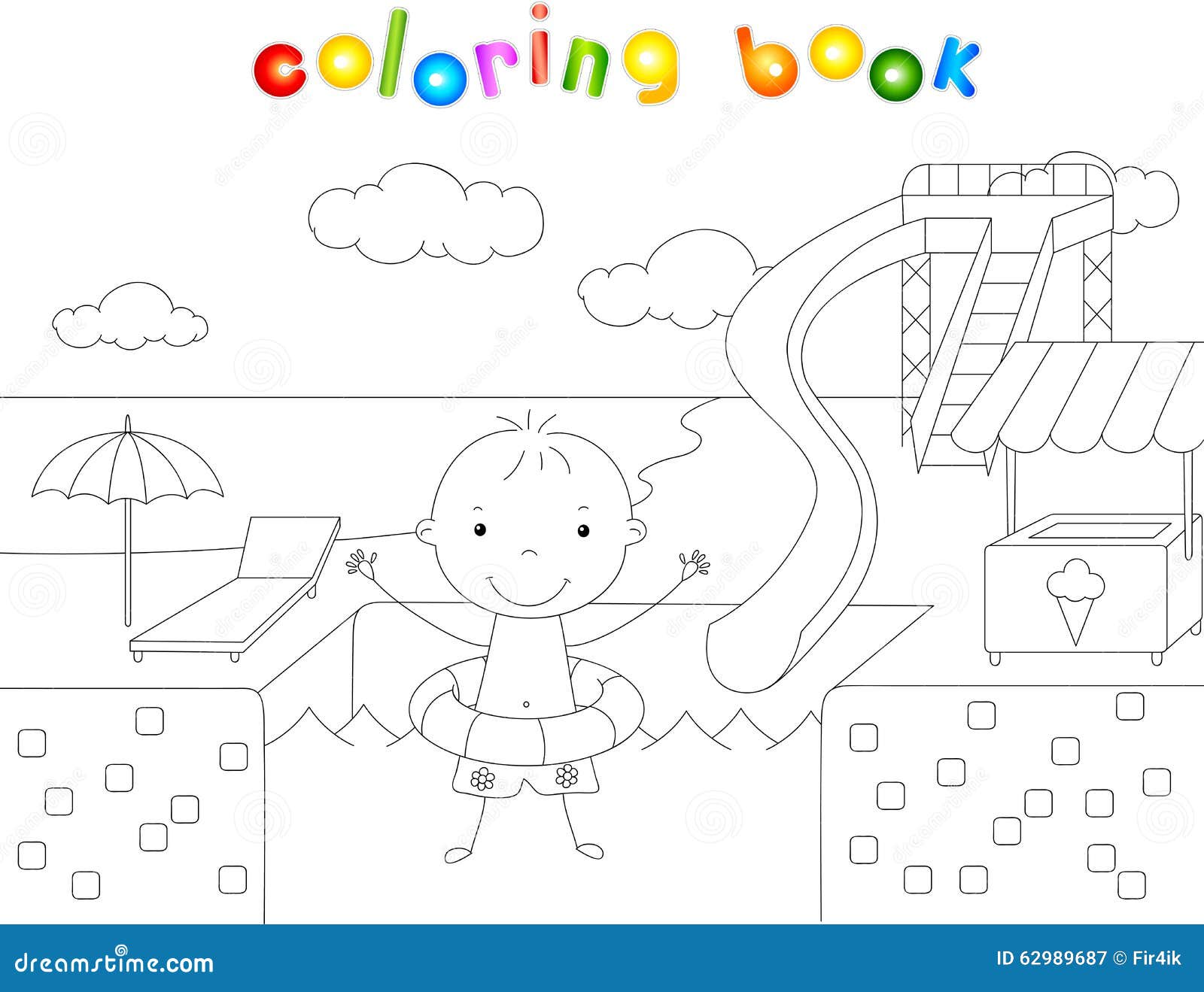 Boy with a rubber ring in the water park swimming pool coloring stock vector