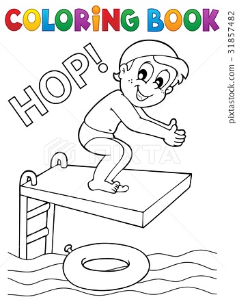 Coloring book boy jumping into water