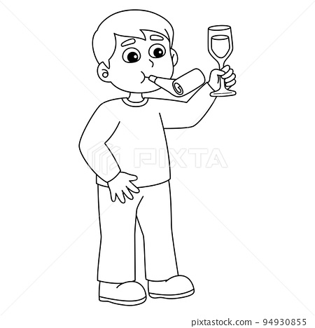 Boy holding wine isolated coloring page for kids