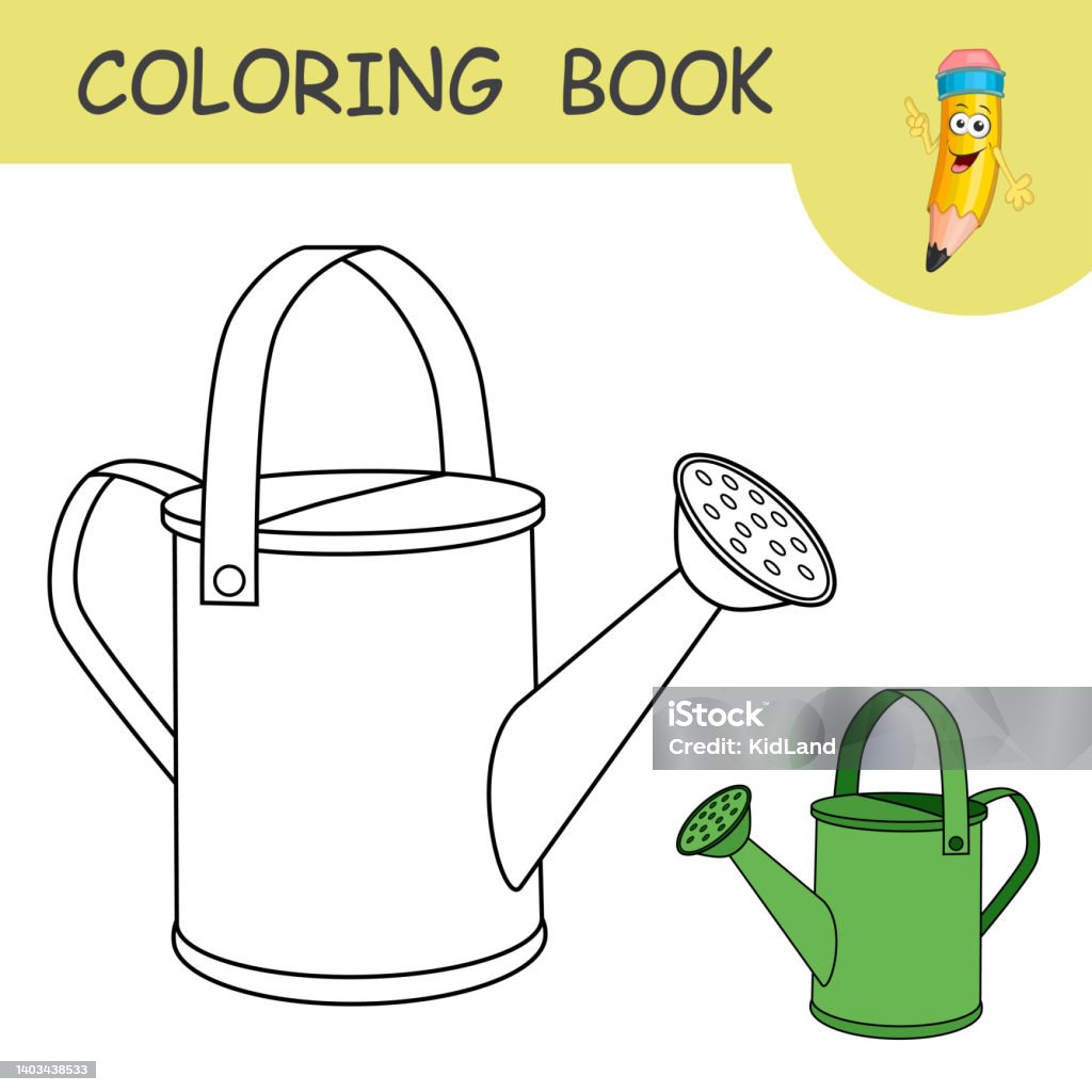 Coloring page with cartoon watering can template of colorless and color samples gardening tool to water the plants and flowers on coloring page practice worksheet with plastic or metallic garden can stock