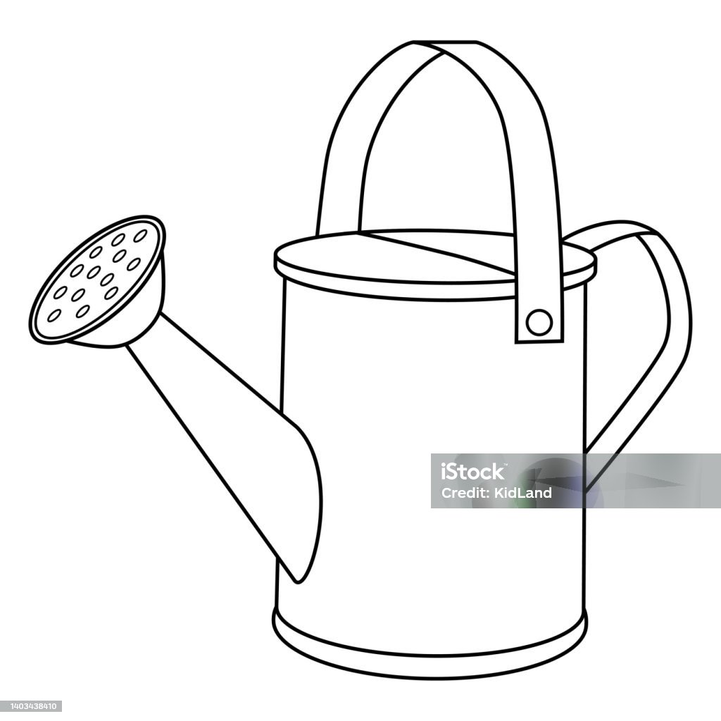 Coloring page with watering can colorless cartoon garden watering can template of coloring book with gardening tool to water the plants and flowers practice worksheet or antistress page for kids stock illustration