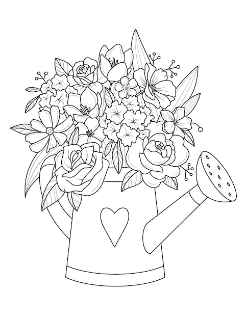Premium vector a watering can with flowers in it hand drawn outline