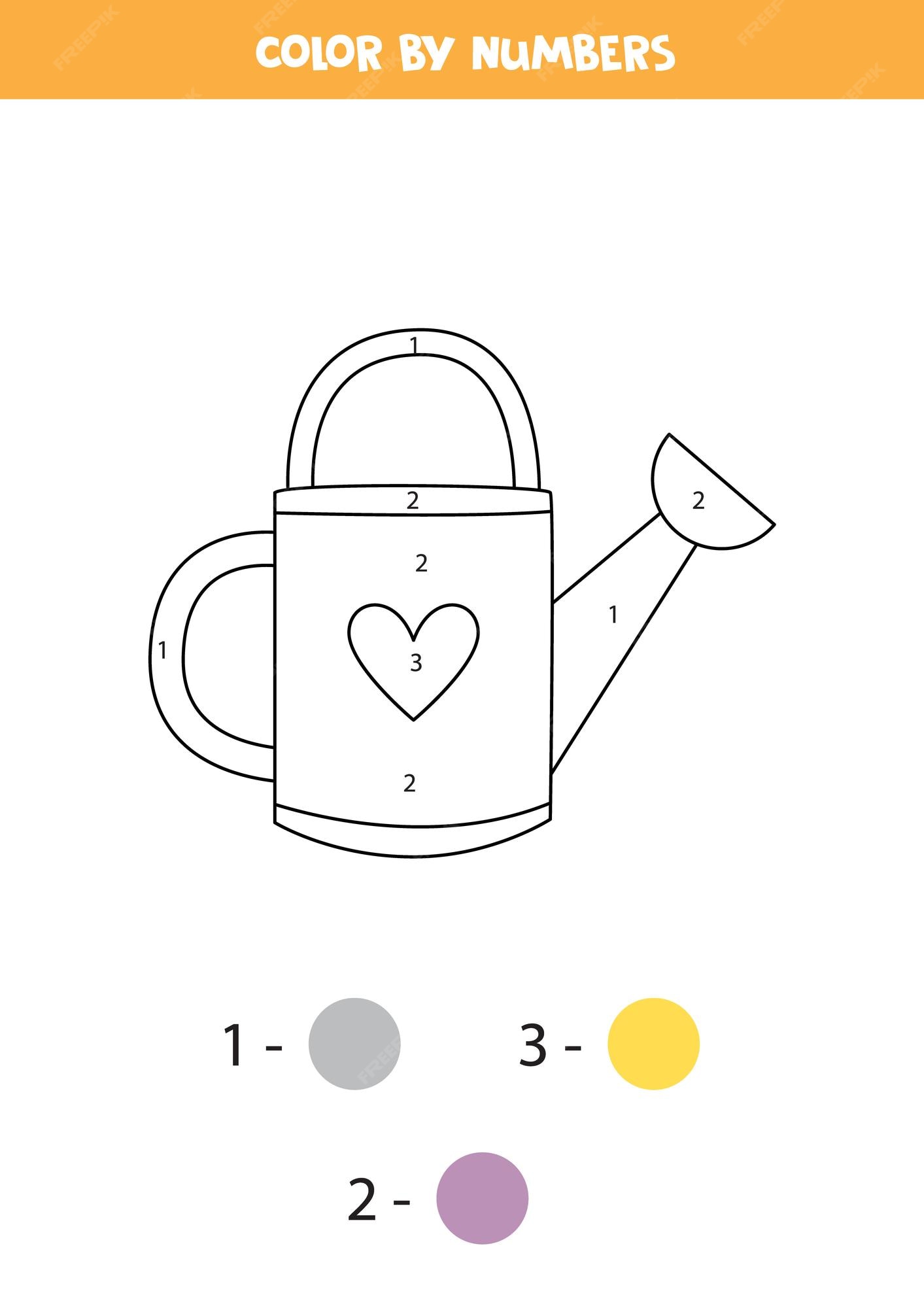 Premium vector coloring page with cute watering can color by numbers math game for kids