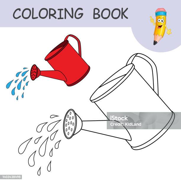 Coloring page with cartoon watering can template of colorless and color samples gardening tool to water the plants and flowers on coloring page practice worksheet with plastic or metallic garden can stock