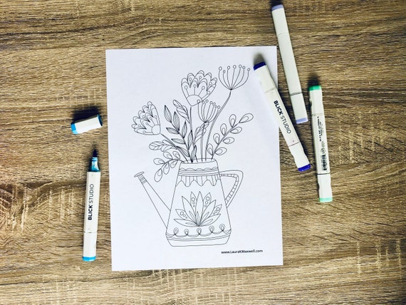 Watering can and wildflowers coloring sheet for adults and kids gardening coloring page flower doodle download printable coloring page