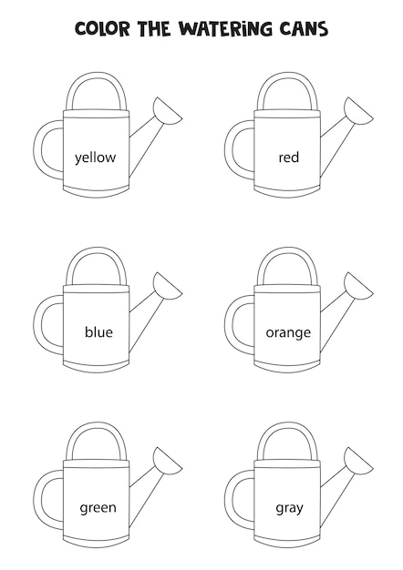 Premium vector read names of colors and color watering cans educational worksheet for kids
