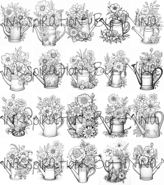 Flower watering can coloring book detail greyscale adult kids floral colouring page a size sheet printable digital pdf download download now