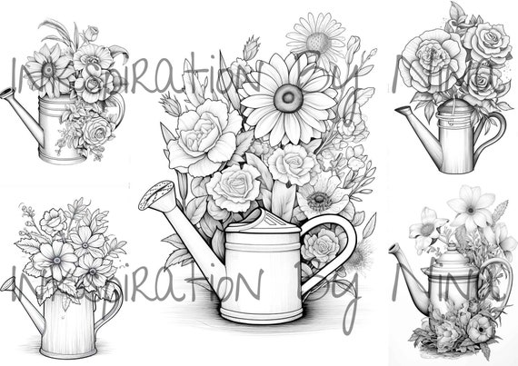Flower watering can coloring book detail greyscale adult kids floral colouring page a size sheet printable digital pdf download download now