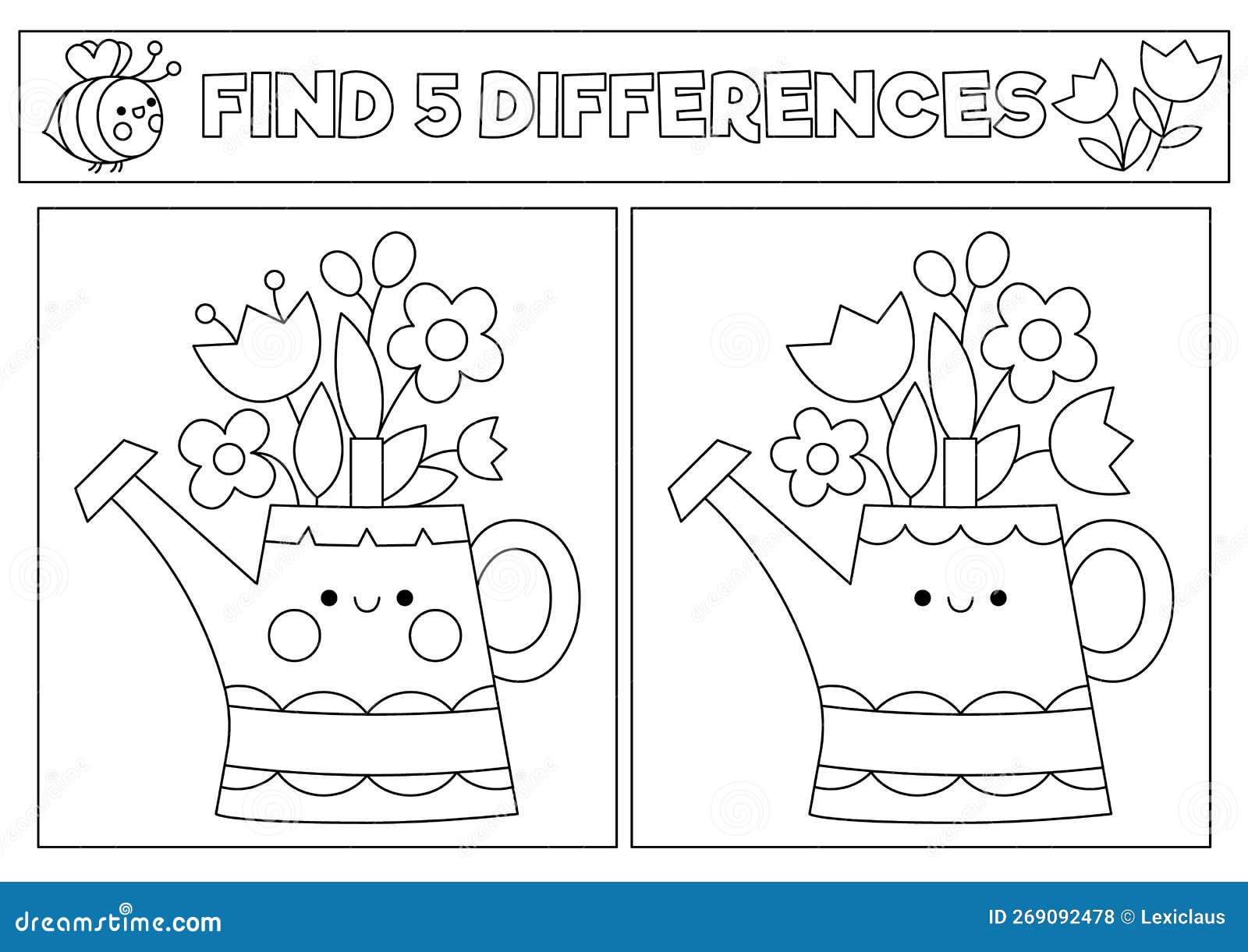 Garden black and white kawaii find differences game for children coloring page with cute watering can and flowers stock vector