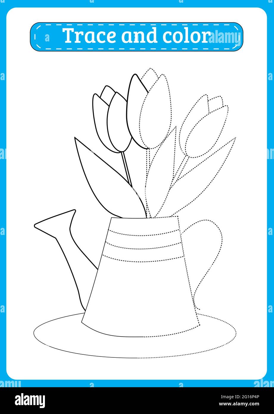 Draw and color a bouquet of three tulips in a retro watering can stock vector image art