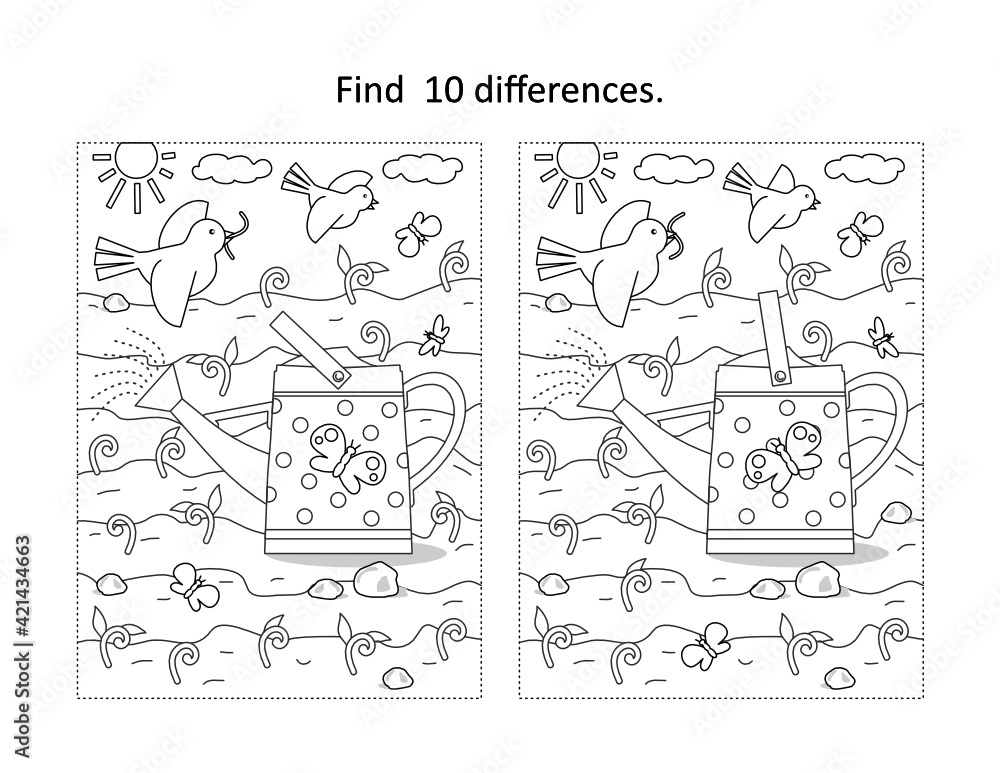 Find differences visual puzzle and coloring page spring and gardening scene with watering can young sprouts birds insects vector